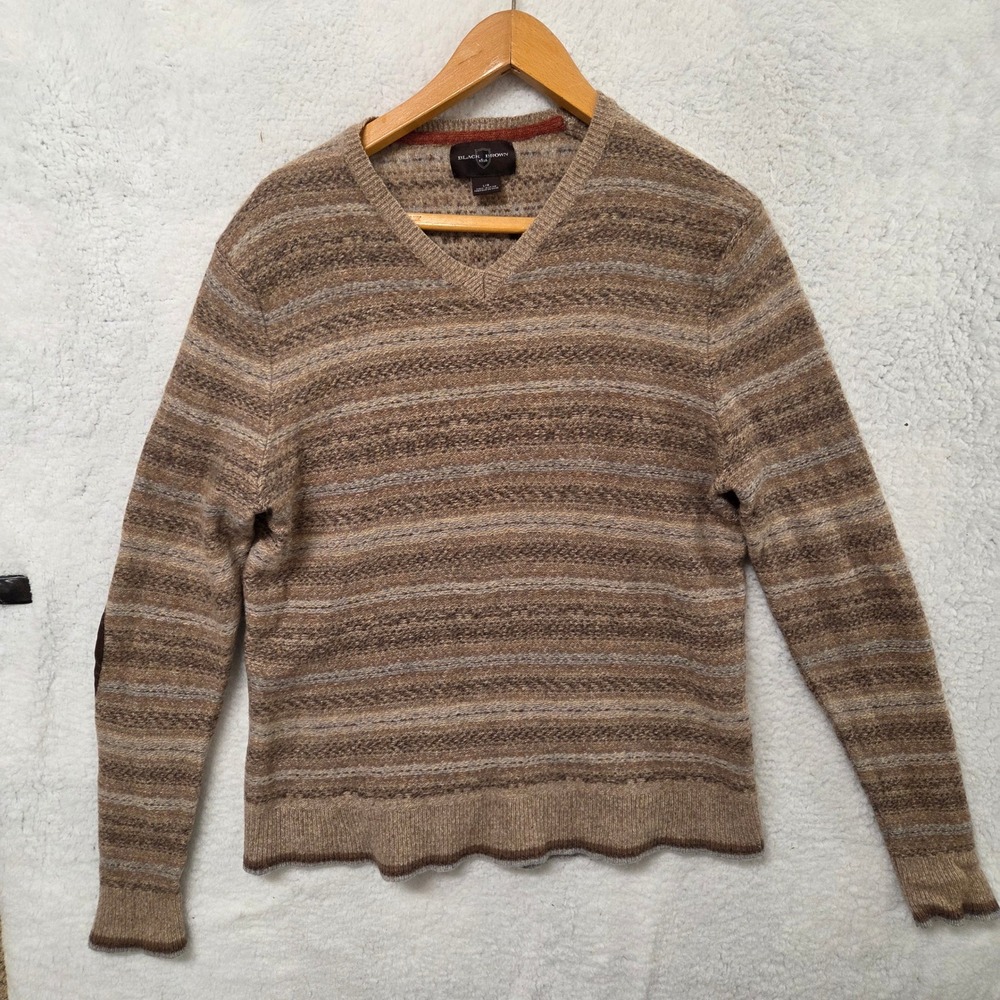 Black Brown 1826 Mens L G‎ V Neck Striped Lambswool Nylon Blend Sweater
